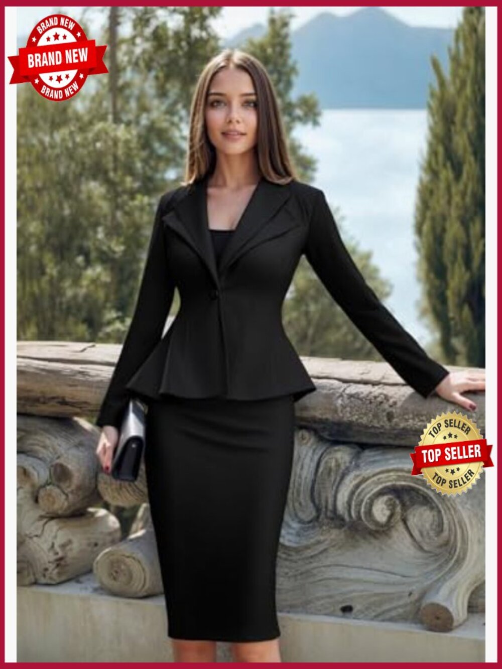 Peplum Blazer - Single Button Notch Lapel - Stretch Fabric Office - Picture 3 of 7